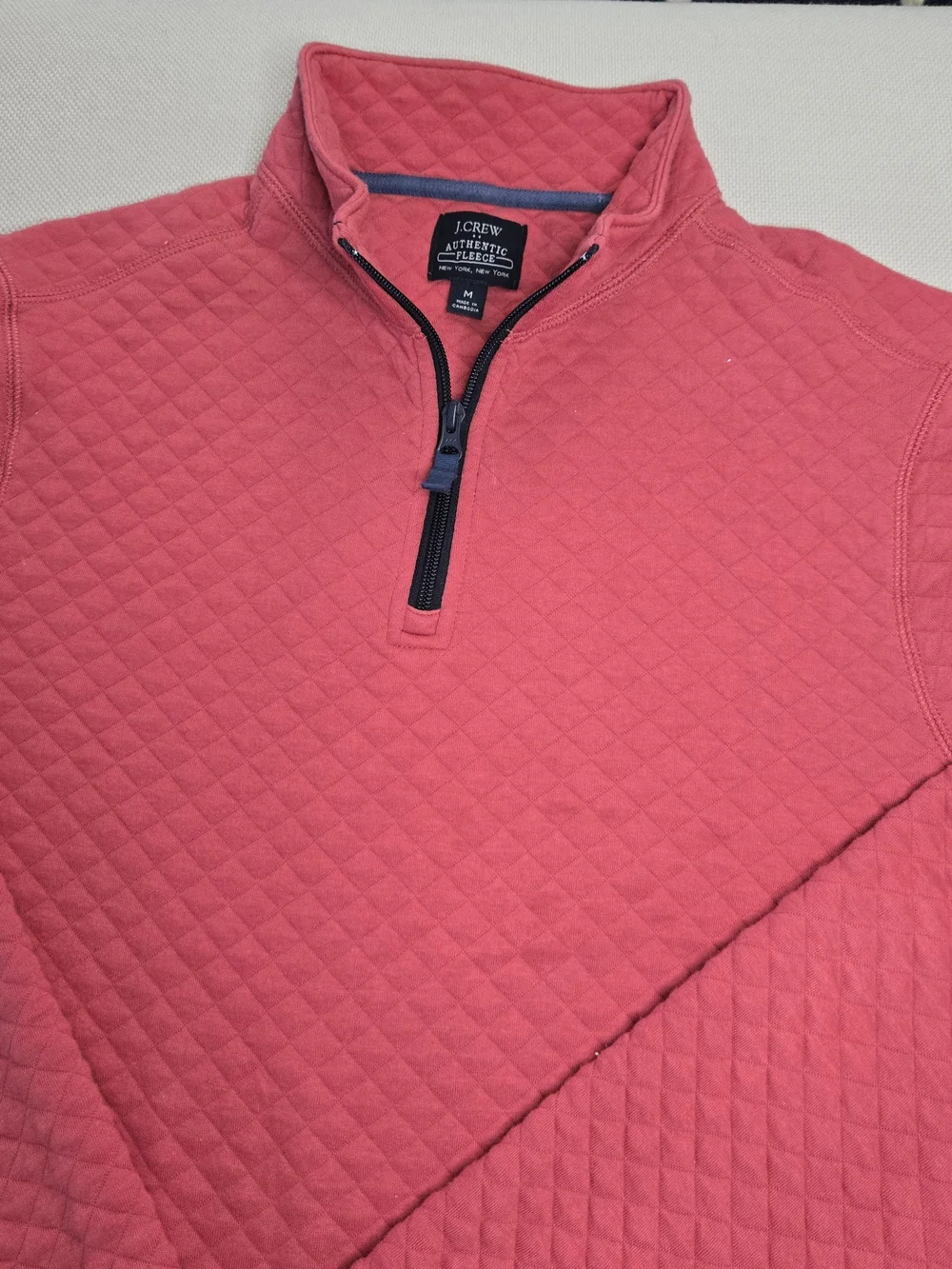J. Crew Authentic Fleece Medium Pullover Zip Sweater Salmon Quilted Mock Neck